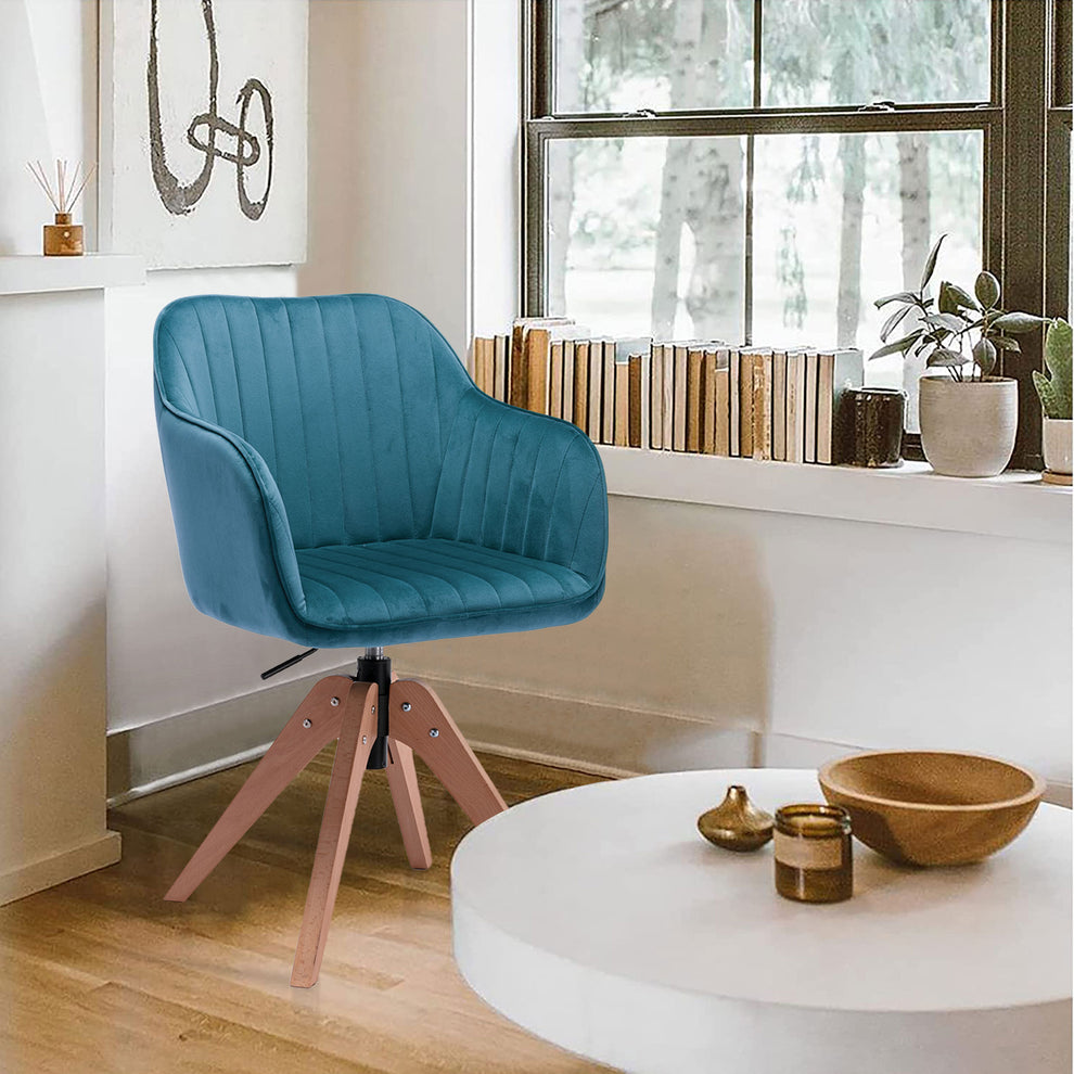 Tufted Teal Blue And Natural Velvet and Wood Dining Arm Chair By Homeroots | Dining Chairs | Modishstore - 4