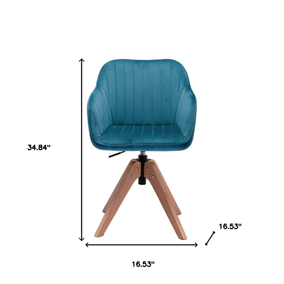 Tufted Teal Blue And Natural Velvet and Wood Dining Arm Chair By Homeroots | Dining Chairs | Modishstore - 6