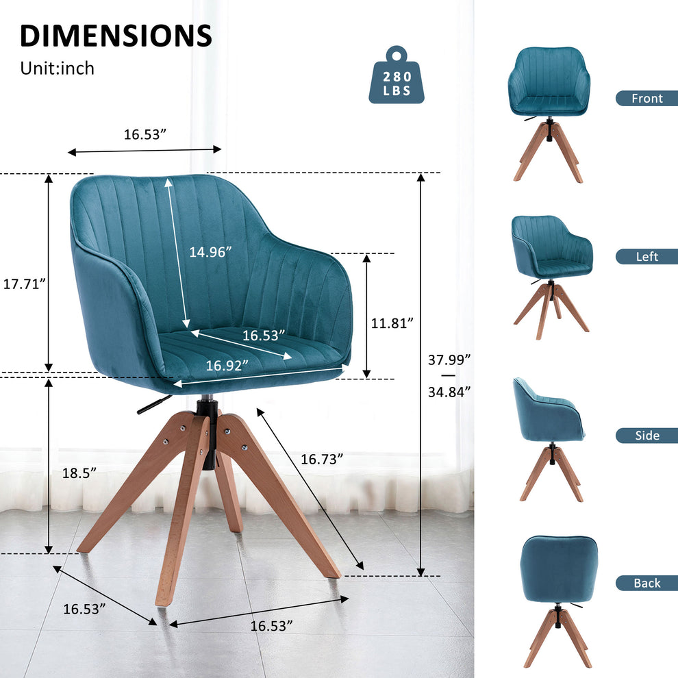 Tufted Teal Blue And Natural Velvet and Wood Dining Arm Chair By Homeroots | Dining Chairs | Modishstore - 5