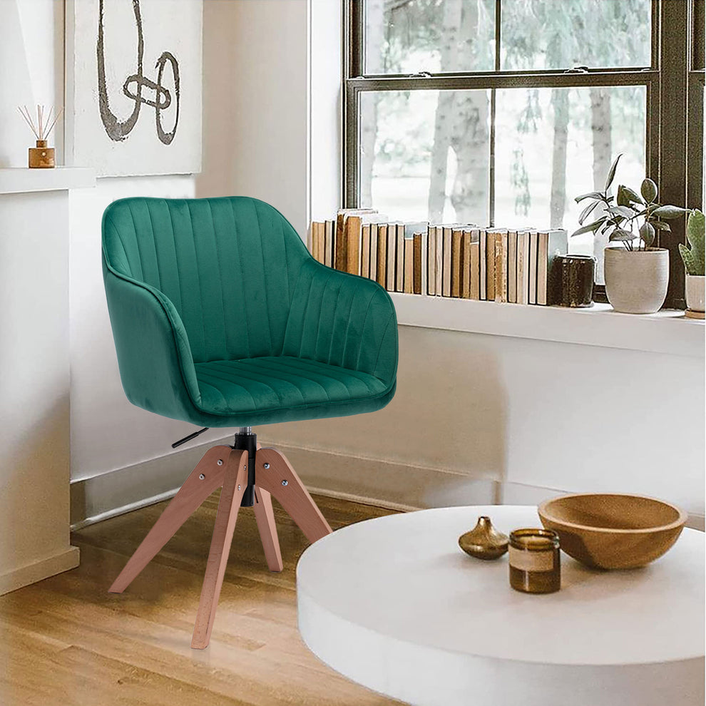 Tufted Green And Natural Velvet and Wood Dining Arm Chair By Homeroots | Dining Chairs | Modishstore - 3