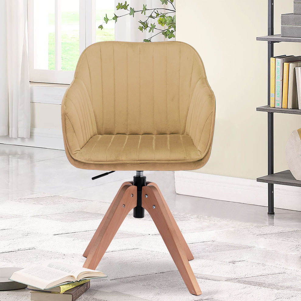 Tufted Champagne And Natural Velvet and Wood Dining Arm Chair By Homeroots | Dining Chairs | Modishstore - 2