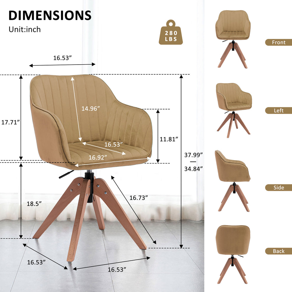 Tufted Champagne And Natural Velvet and Wood Dining Arm Chair By Homeroots | Dining Chairs | Modishstore - 5
