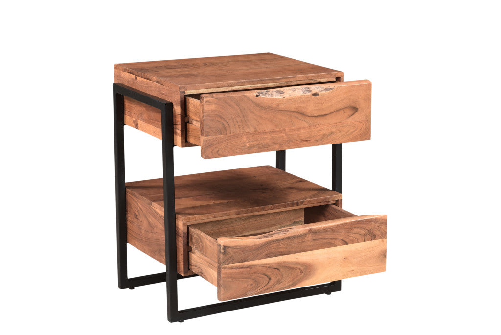 Brown Two Drawer Wood and Metal Nightstand By Homeroots | Nightstands | Modishstore - 3