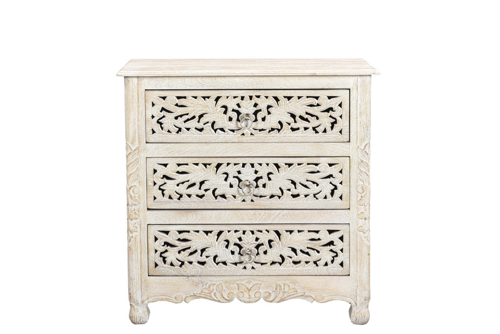 Distressed White Three Drawer Floral Carved Solid Wood Nightstand By Homeroots | Nightstands | Modishstore - 7