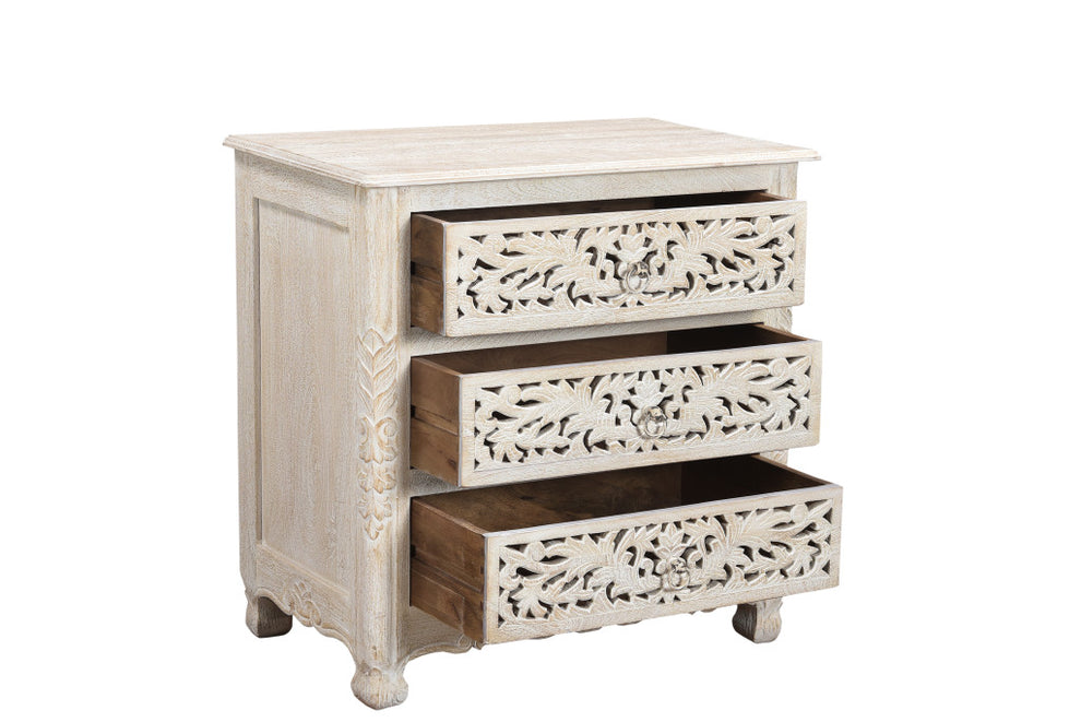 Distressed White Three Drawer Floral Carved Solid Wood Nightstand By Homeroots | Nightstands | Modishstore - 3