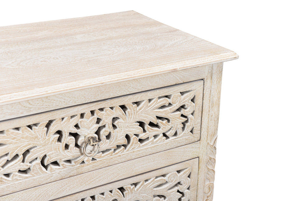Distressed White Three Drawer Floral Carved Solid Wood Nightstand By Homeroots | Nightstands | Modishstore - 2