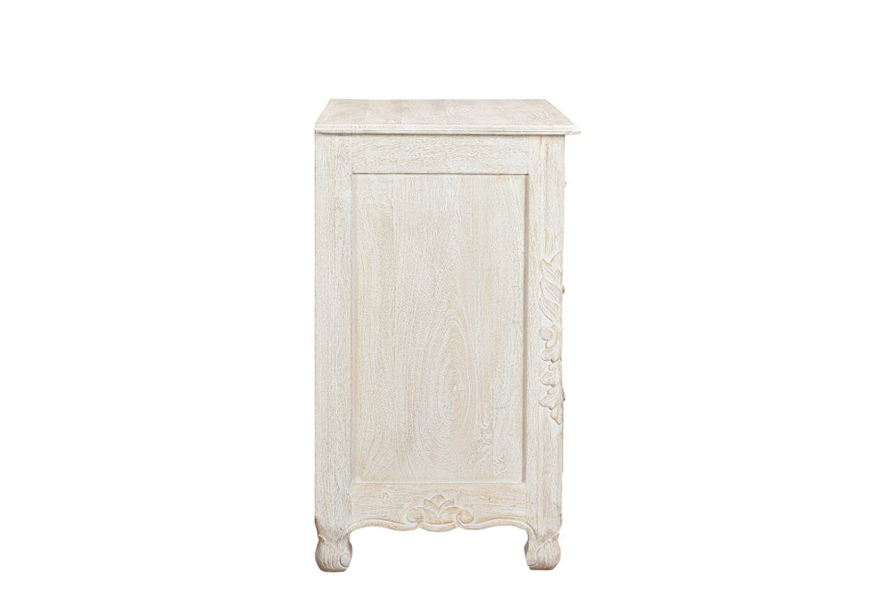 Distressed White Three Drawer Floral Carved Solid Wood Nightstand By Homeroots | Nightstands | Modishstore - 4