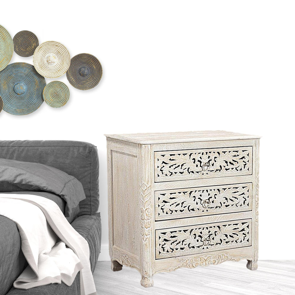 Distressed White Three Drawer Floral Carved Solid Wood Nightstand By Homeroots | Nightstands | Modishstore - 5