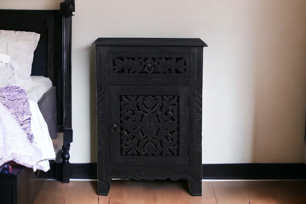 Distressed Black One Drawer Carved Floral Solid Wood Nightstand By Homeroots | Nightstands | Modishstore - 7