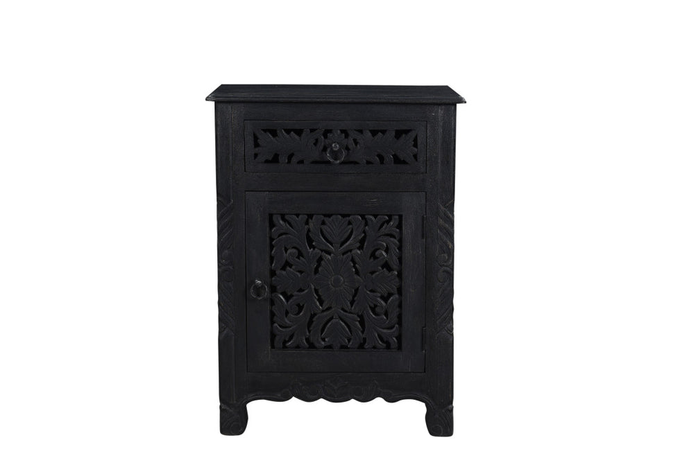 Distressed Black One Drawer Carved Floral Solid Wood Nightstand By Homeroots | Nightstands | Modishstore - 3