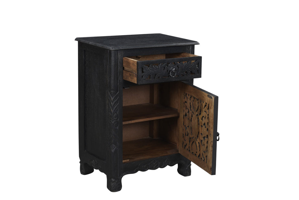 Distressed Black One Drawer Carved Floral Solid Wood Nightstand By Homeroots | Nightstands | Modishstore - 4