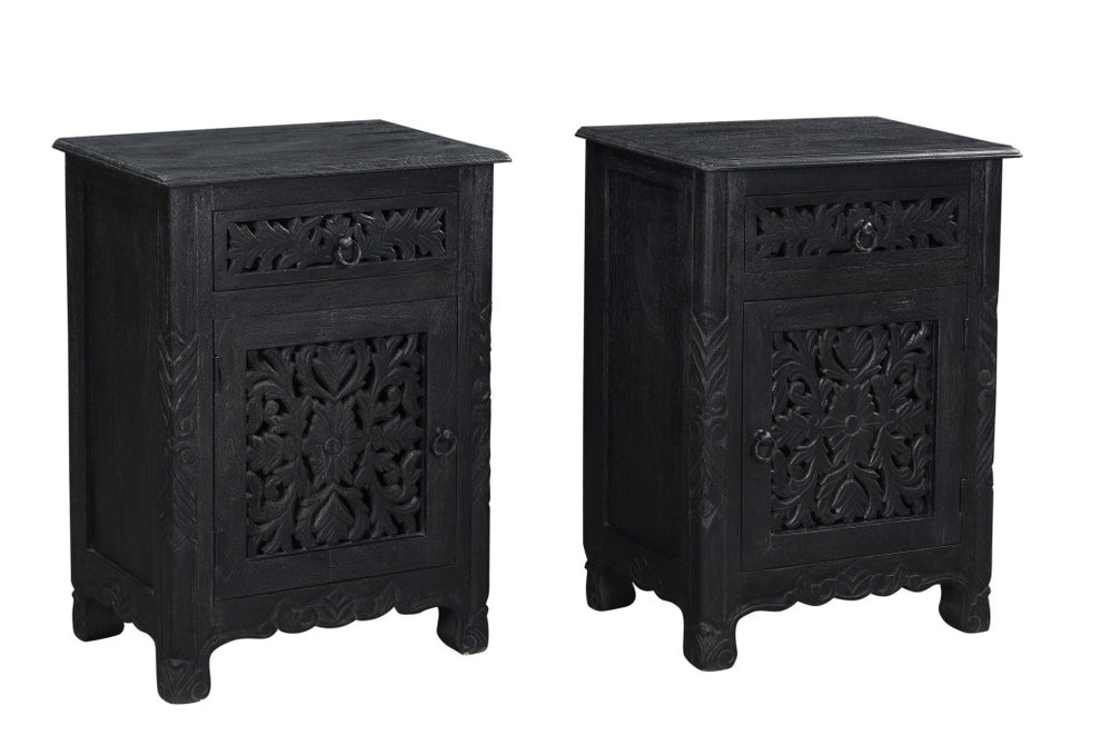 Distressed Black One Drawer Carved Floral Solid Wood Nightstand By Homeroots | Nightstands | Modishstore - 2