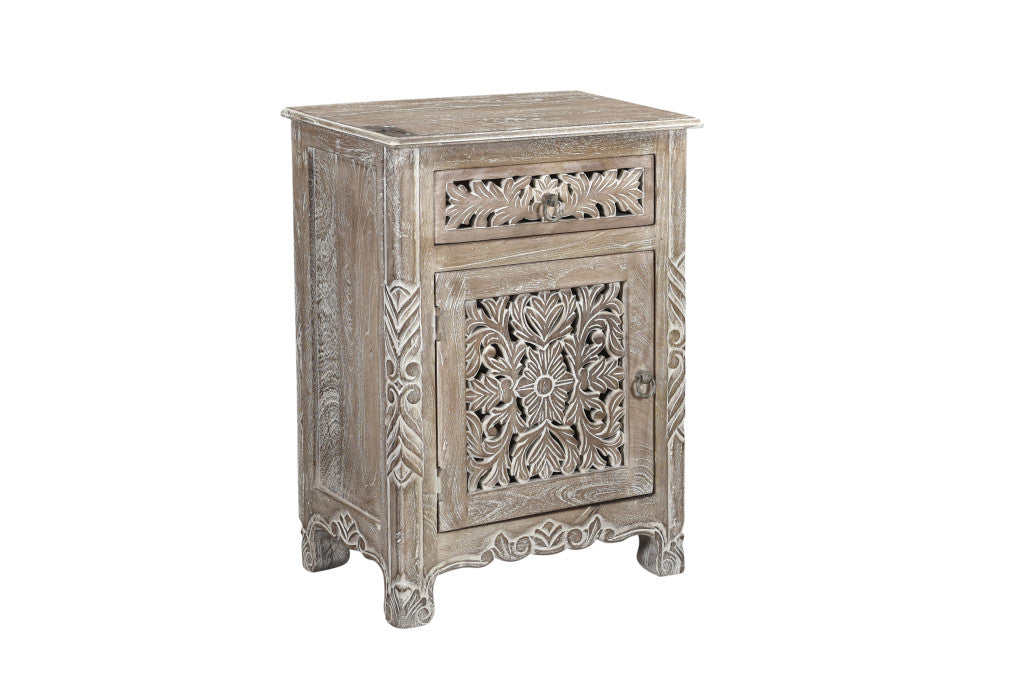 Distressed Gray One Drawer Carved Floral Solid Wood Nightstand By Homeroots | Nightstands | Modishstore - 3