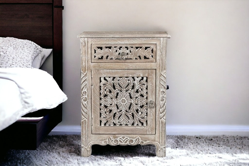 Distressed Gray One Drawer Carved Floral Solid Wood Nightstand By Homeroots | Nightstands | Modishstore - 7