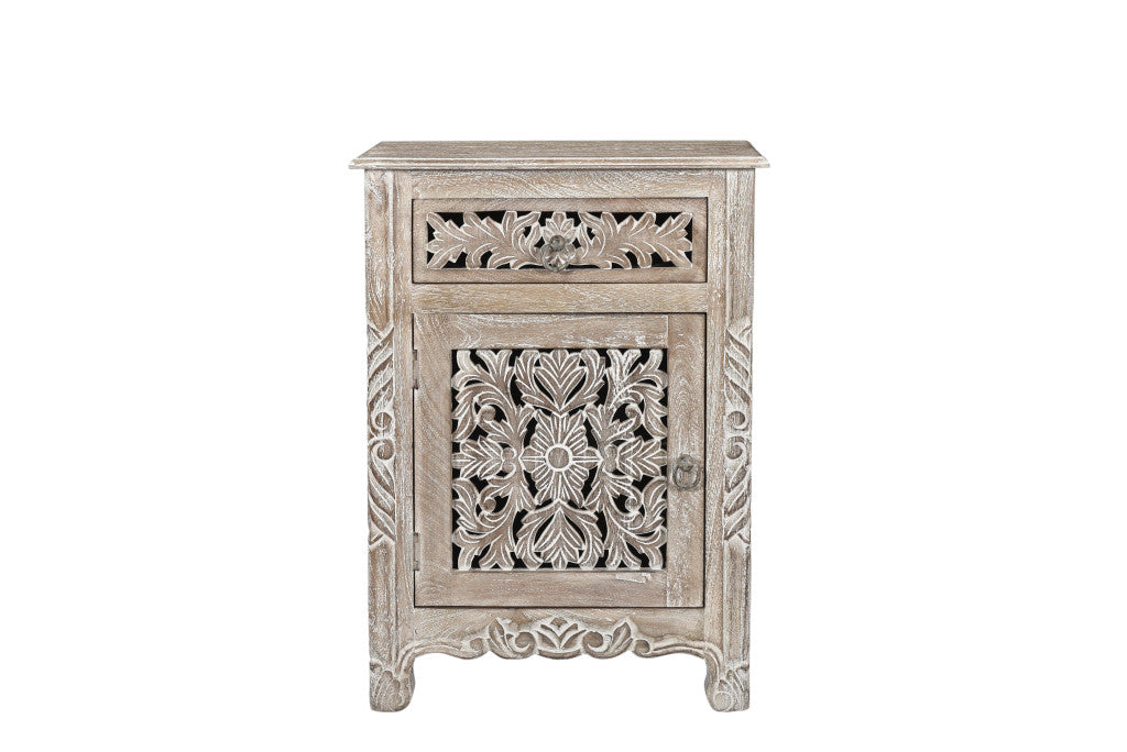 Distressed Gray One Drawer Carved Floral Solid Wood Nightstand By Homeroots | Nightstands | Modishstore - 1