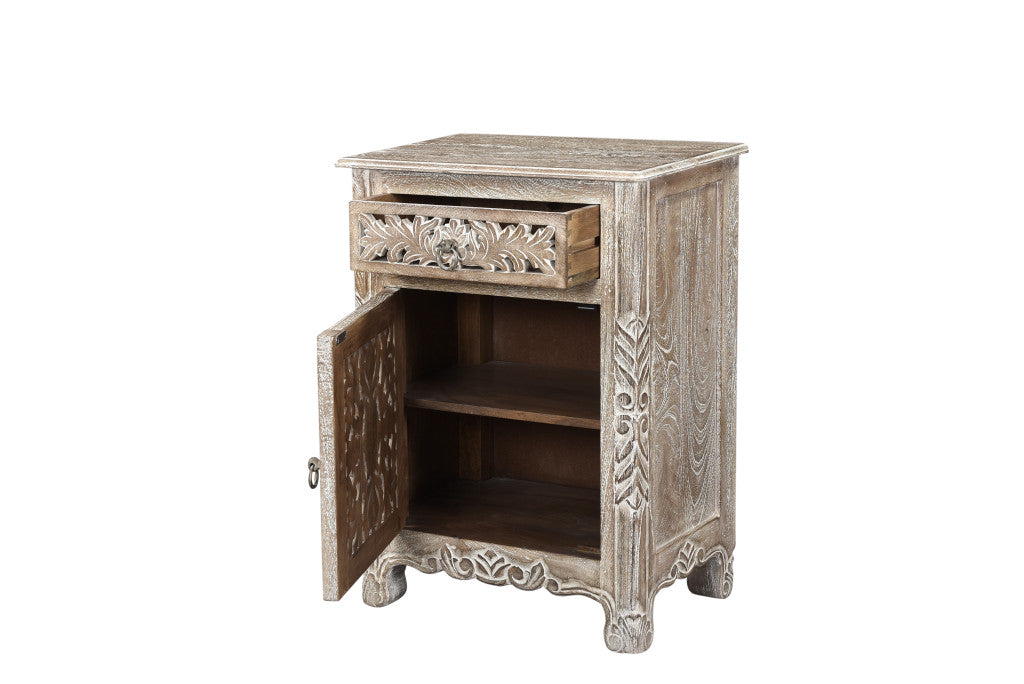Distressed Gray One Drawer Carved Floral Solid Wood Nightstand By Homeroots | Nightstands | Modishstore - 4