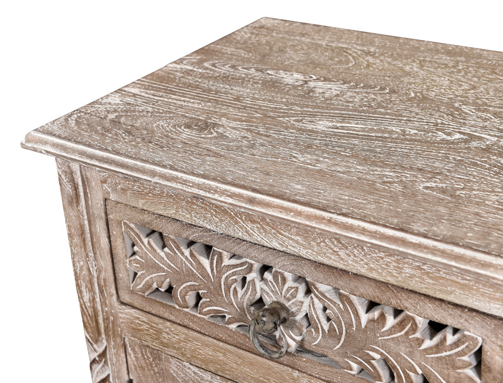 Distressed Gray One Drawer Carved Floral Solid Wood Nightstand By Homeroots | Nightstands | Modishstore - 5