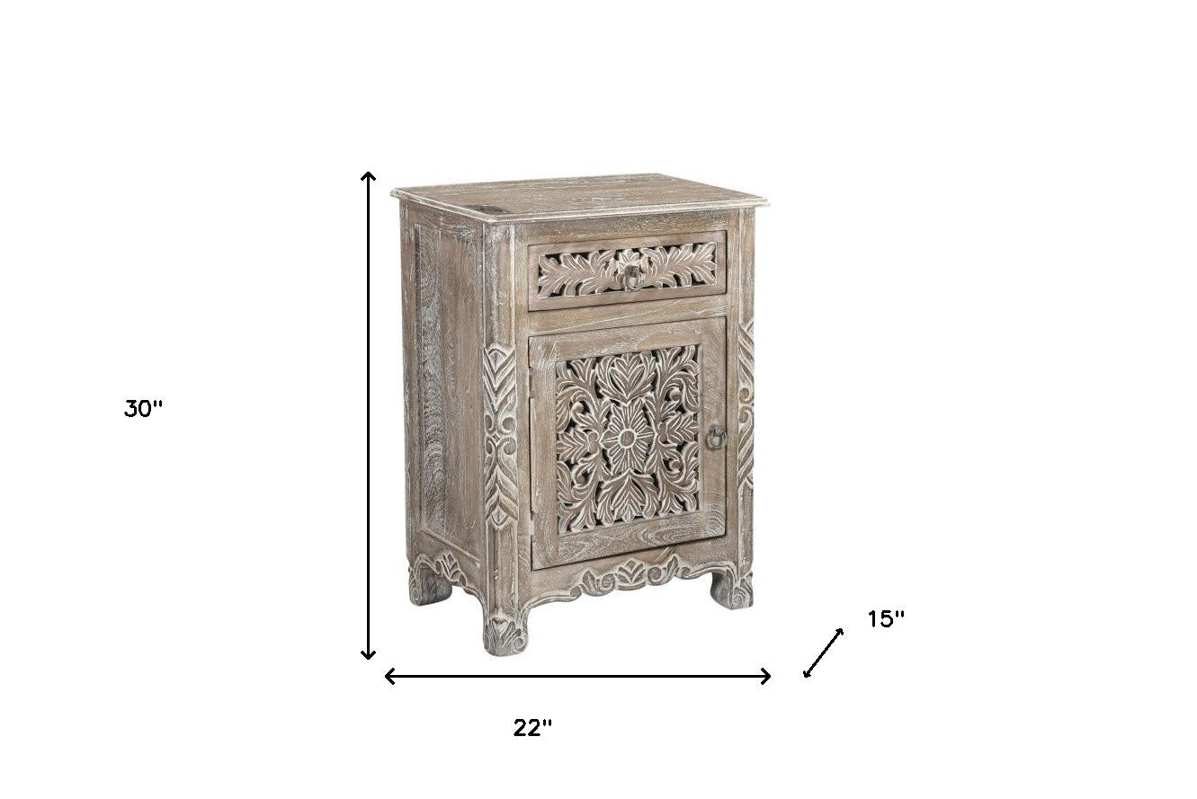 Distressed Gray One Drawer Carved Floral Solid Wood Nightstand By Homeroots | Nightstands | Modishstore - 2