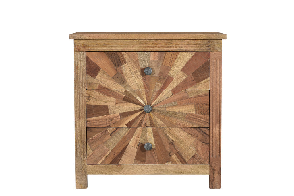 Brown Three Drawer Starburst Pattern Solid Wood Nightstand By Homeroots | Nightstands | Modishstore - 7