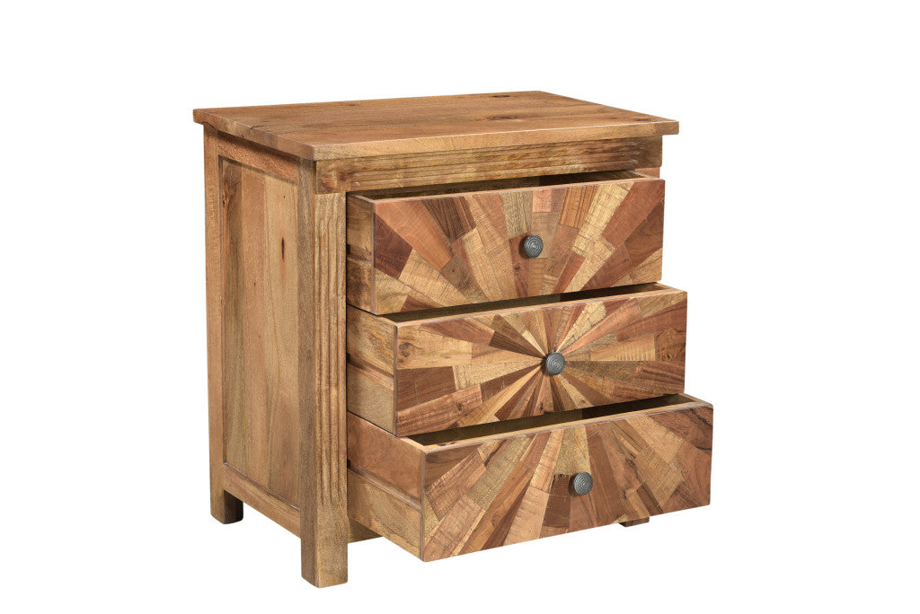 Brown Three Drawer Starburst Pattern Solid Wood Nightstand By Homeroots | Nightstands | Modishstore - 2