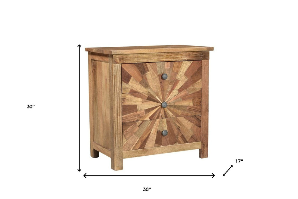 Brown Three Drawer Starburst Pattern Solid Wood Nightstand By Homeroots | Nightstands | Modishstore - 8