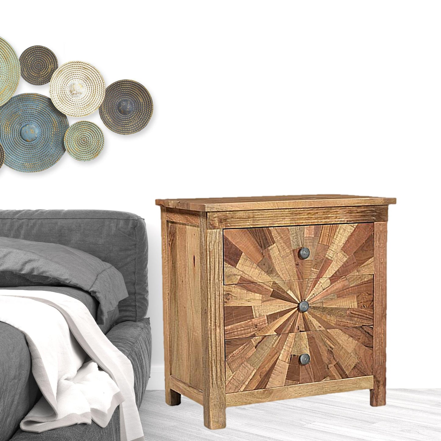 Brown Three Drawer Starburst Pattern Solid Wood Nightstand By Homeroots | Nightstands | Modishstore - 4