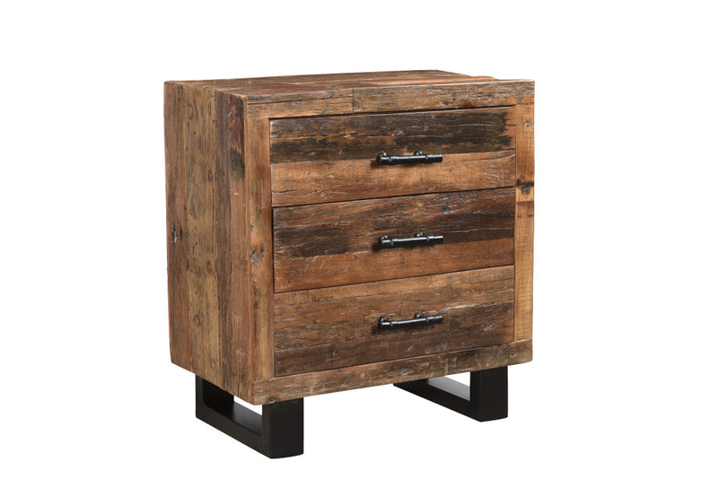 Distressed Dark Brown Three Drawer Wood and Metal Nightstand By Homeroots | Nightstands | Modishstore - 1