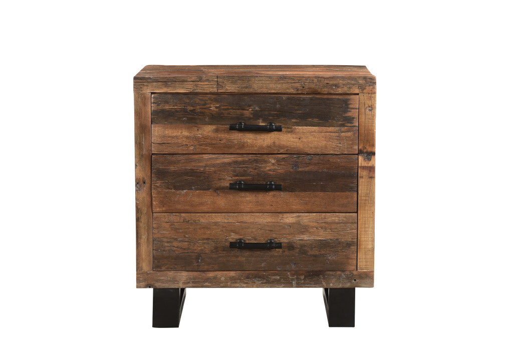Distressed Dark Brown Three Drawer Wood and Metal Nightstand By Homeroots | Nightstands | Modishstore - 7