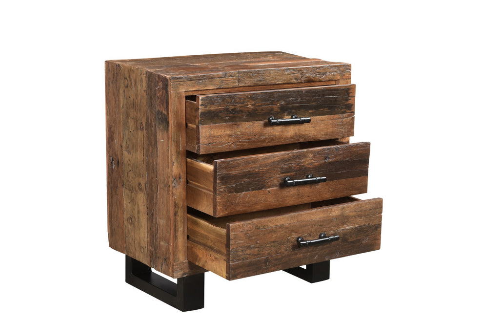 Distressed Dark Brown Three Drawer Wood and Metal Nightstand By Homeroots | Nightstands | Modishstore - 2