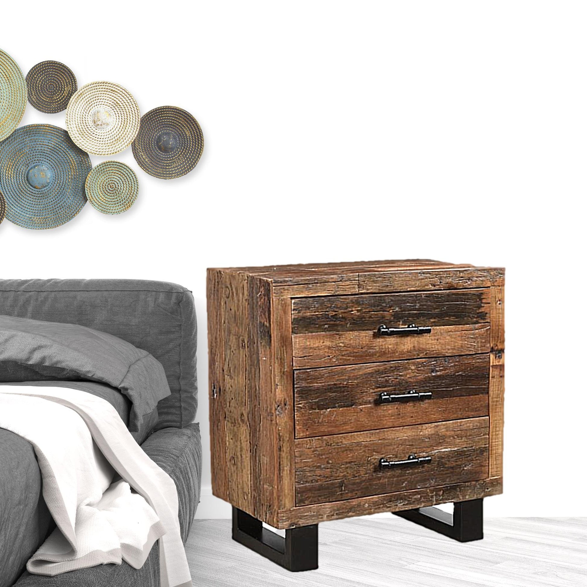 Distressed Dark Brown Three Drawer Wood and Metal Nightstand By Homeroots | Nightstands | Modishstore - 5