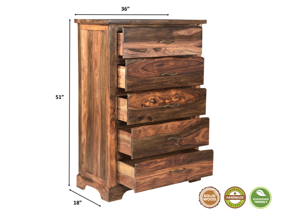 Dark Brown Solid Wood Five Drawer Chest By Homeroots | Dressers | Modishstore - 4