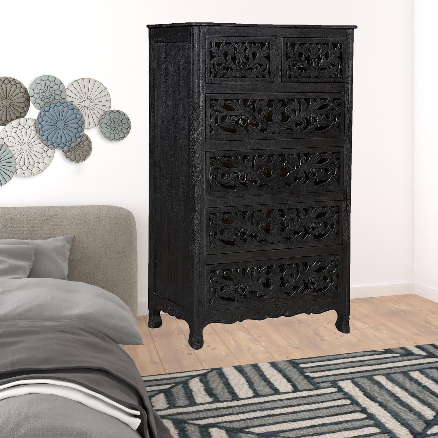 Black Solid Wood Six Drawer Chest - Thumbnail 4