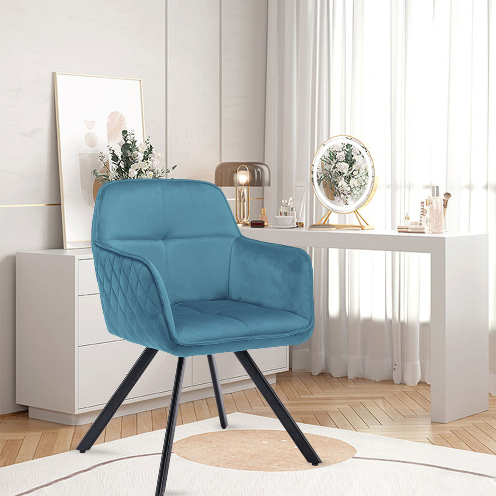 Tufted Blue And Black Velvet and Metal Dining Arm Chair By Homeroots | Dining Chairs | Modishstore - 2