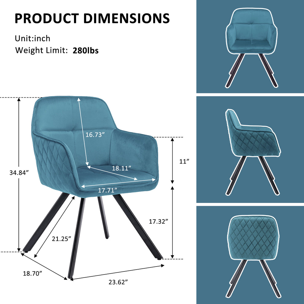 Tufted Blue And Black Velvet and Metal Dining Arm Chair By Homeroots | Dining Chairs | Modishstore - 4