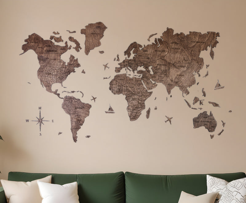 Dark Brown Wood World Map Hanging Dimensional Sculpture By Homeroots | Wall Decor | Modishstore - 1