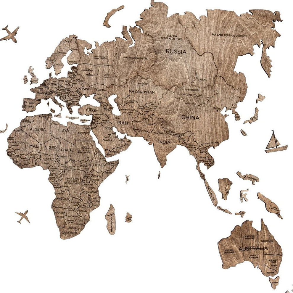 Brown Wood World Map Hanging Dimensional Sculpture By Homeroots | Wall Decor | Modishstore - 2