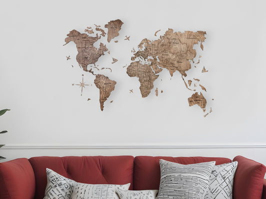 Brown Wood World Map Hanging Dimensional Sculpture By Homeroots | Wall Decor | Modishstore - 1