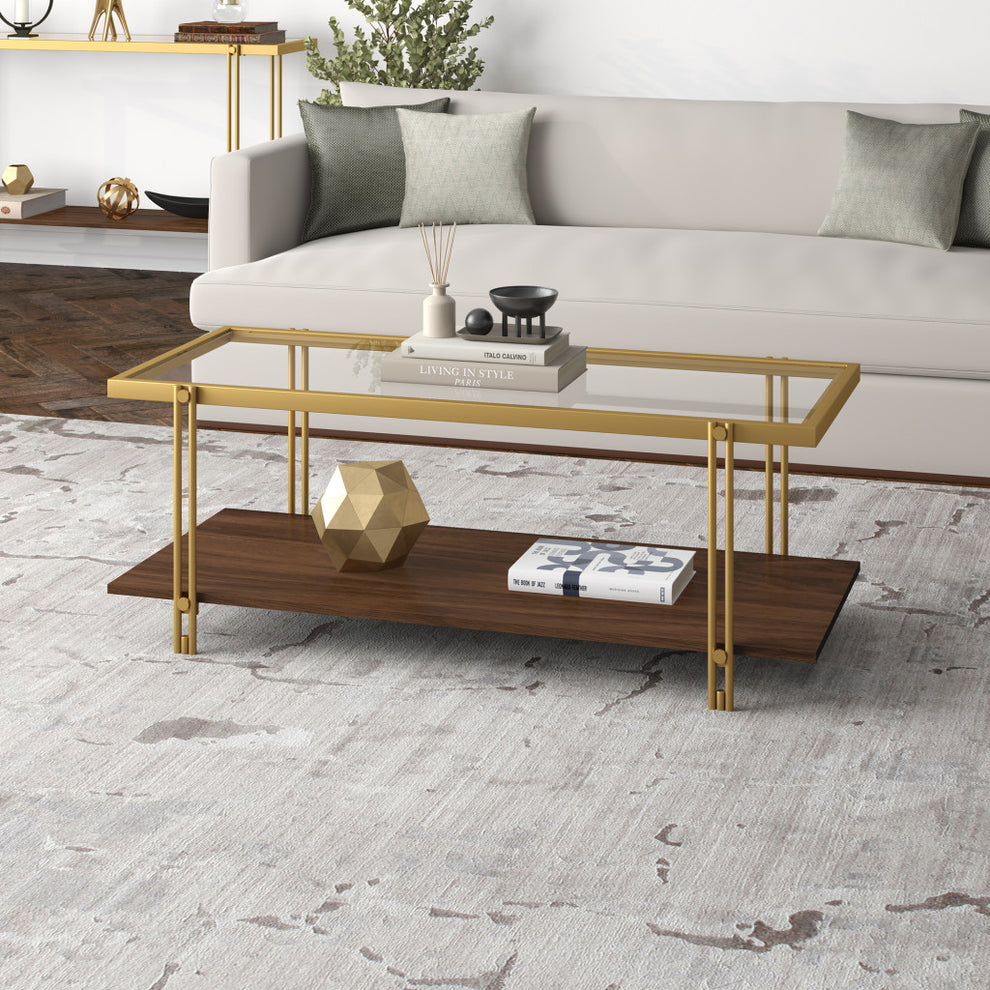 Brown And Gold Glass And Steel Coffee Table With Shelf By Homeroots | Coffee Tables | Modishstore - 5