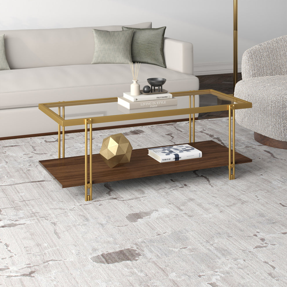 Brown And Gold Glass And Steel Coffee Table With Shelf By Homeroots | Coffee Tables | Modishstore - 8