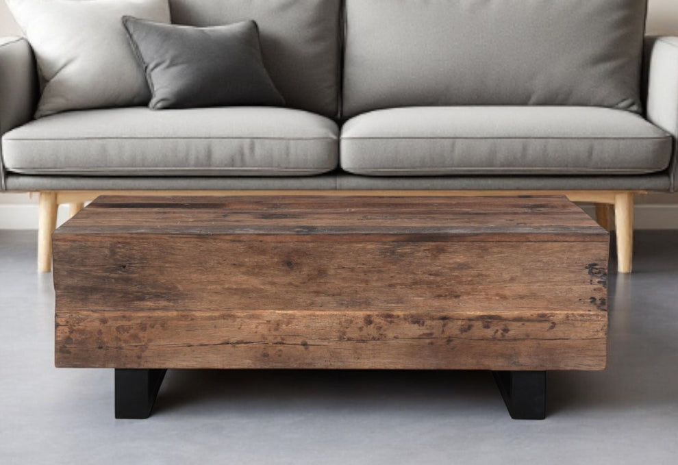 Dark Brown and Black Solid Wood And Metal Distressed Sled Coffee Table By Homeroots | Coffee Tables | Modishstore - 2