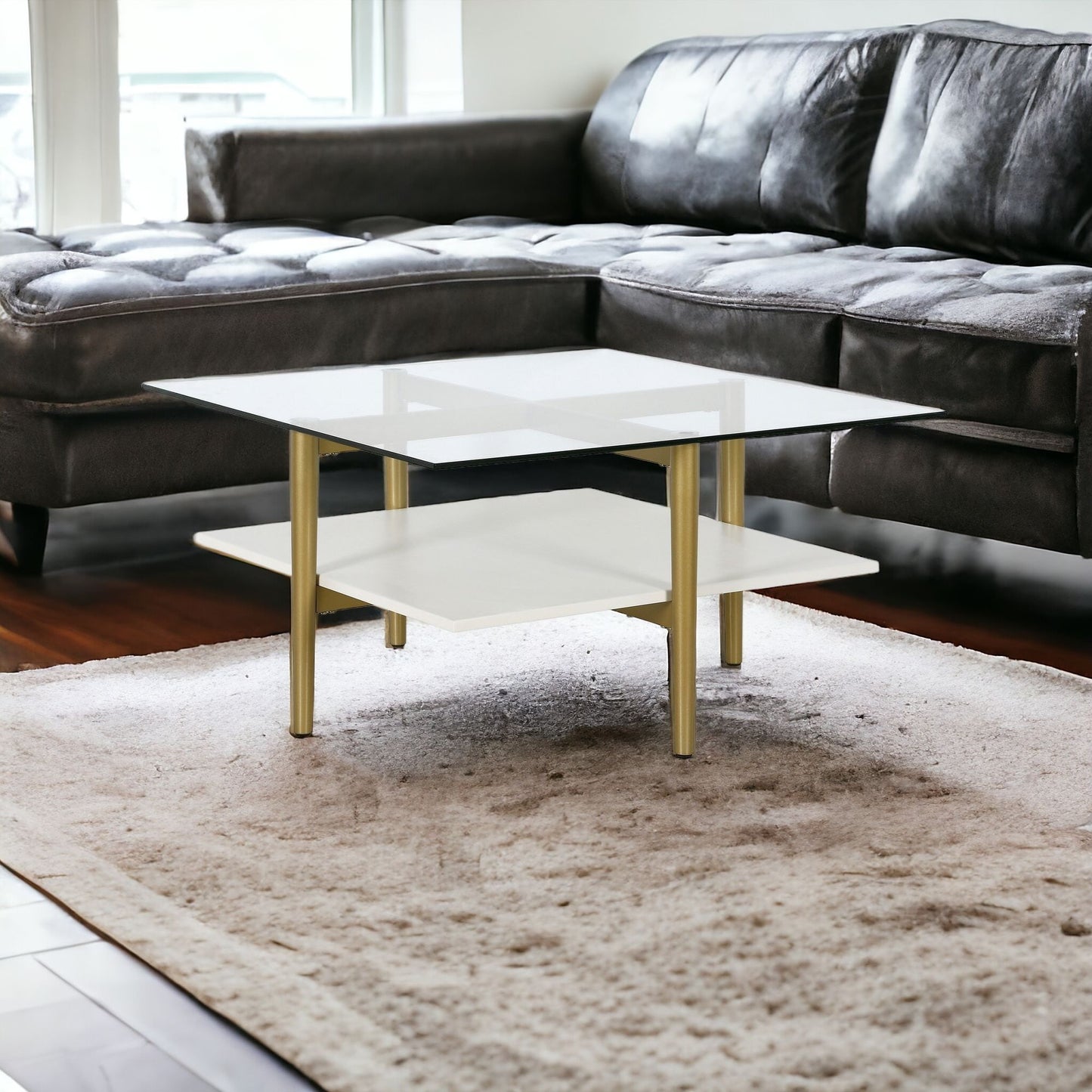 White And Gold Glass And Steel Square Coffee Table With Shelf By Homeroots | Coffee Tables | Modishstore - 2
