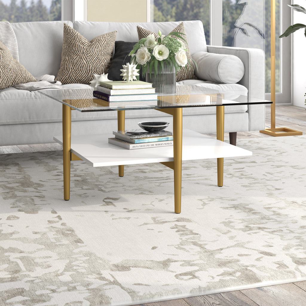 White And Gold Glass And Steel Square Coffee Table With Shelf By Homeroots | Coffee Tables | Modishstore - 5