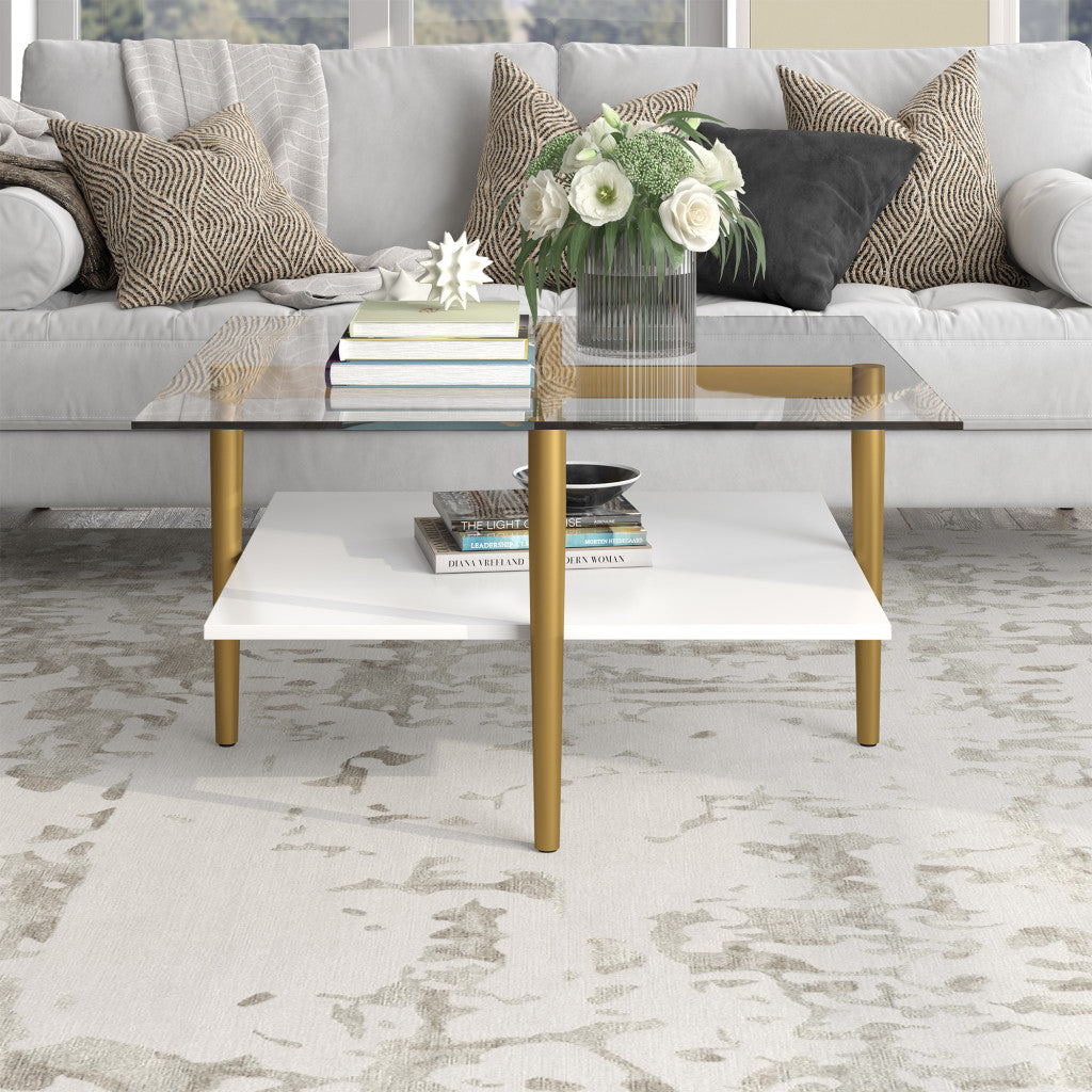 White And Gold Glass And Steel Square Coffee Table With Shelf By Homeroots | Coffee Tables | Modishstore - 7