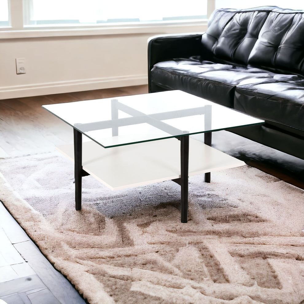 White And Black Glass And Steel Square Coffee Table With Shelf By Homeroots | Coffee Tables | Modishstore - 6