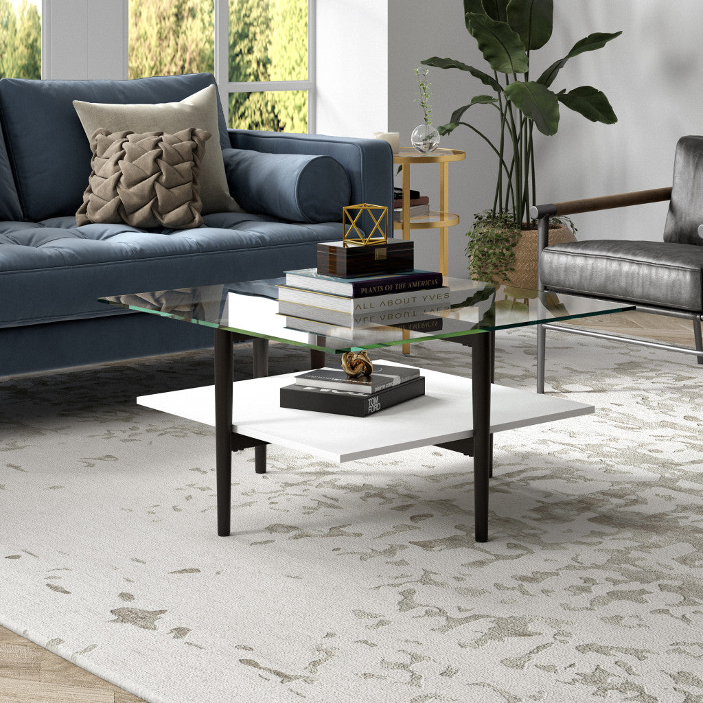 White And Black Glass And Steel Square Coffee Table With Shelf By Homeroots | Coffee Tables | Modishstore - 4