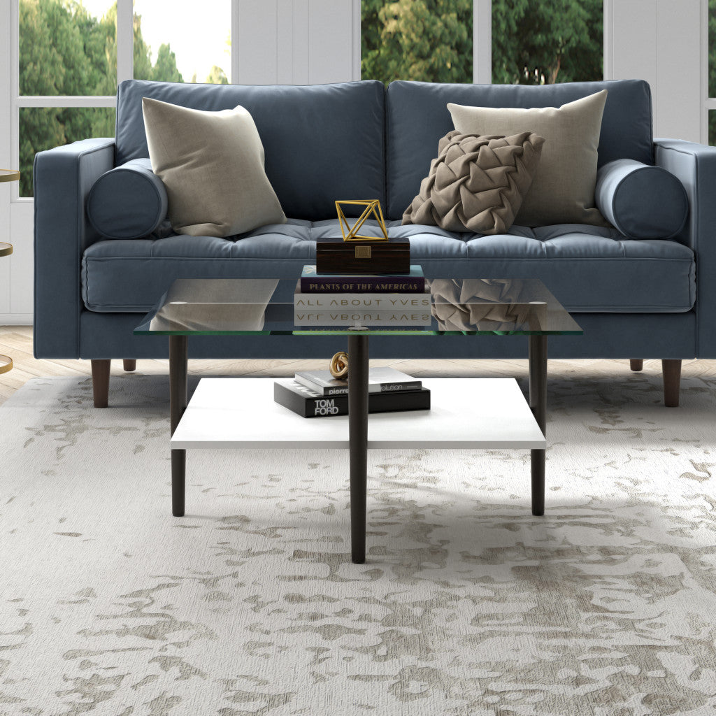 White And Black Glass And Steel Square Coffee Table With Shelf By Homeroots | Coffee Tables | Modishstore - 7