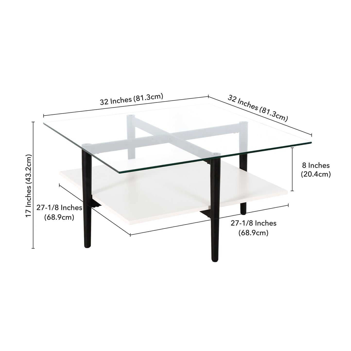 White And Black Glass And Steel Square Coffee Table With Shelf By Homeroots | Coffee Tables | Modishstore - 8