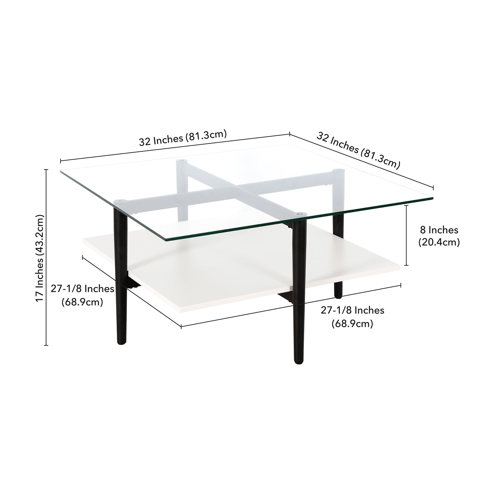 White And Black Glass And Steel Square Coffee Table With Shelf By Homeroots | Coffee Tables | Modishstore - 8