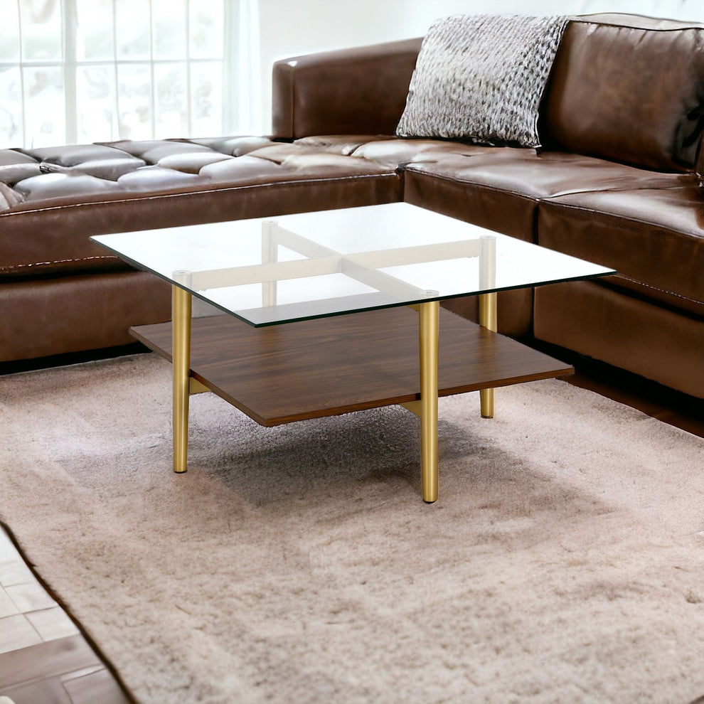 Brown And Gold Glass And Steel Square Coffee Table With Shelf By Homeroots | Coffee Tables | Modishstore - 2