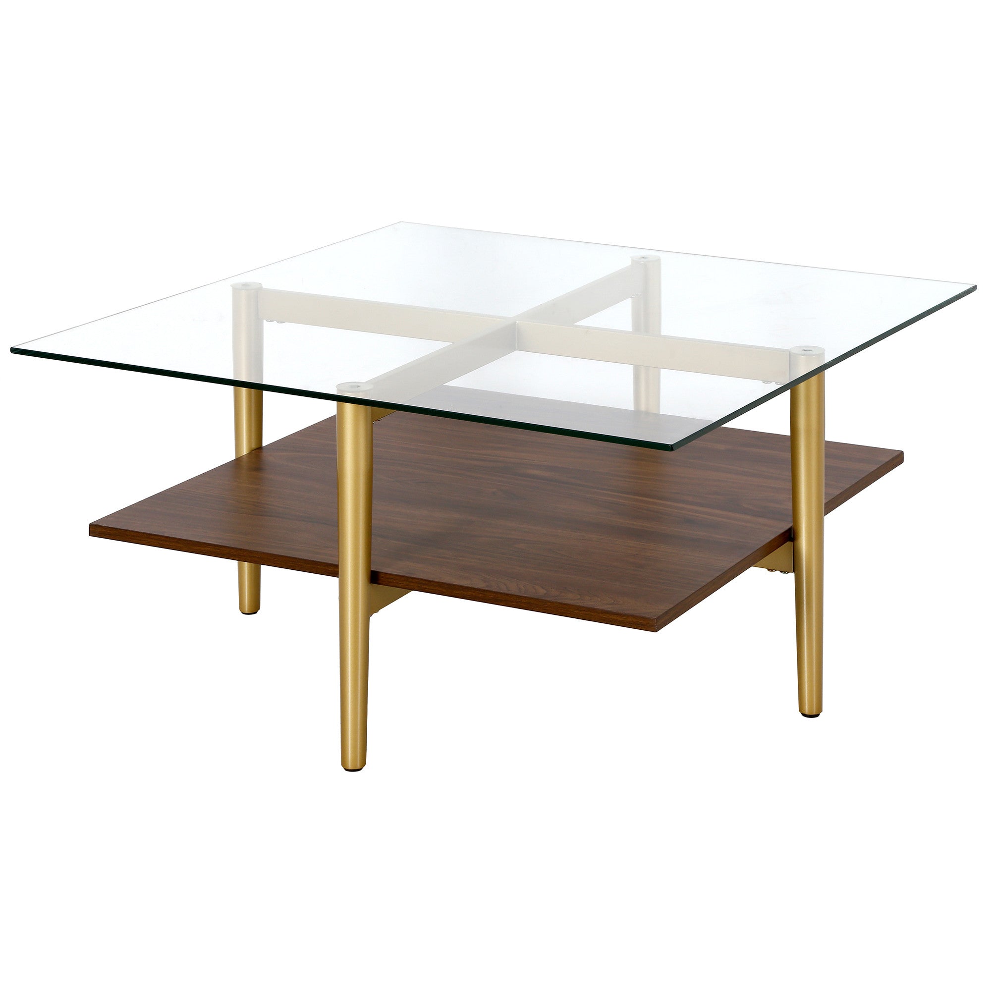 Brown And Gold Glass And Steel Coffee Table With Shelf - Thumbnail 2
